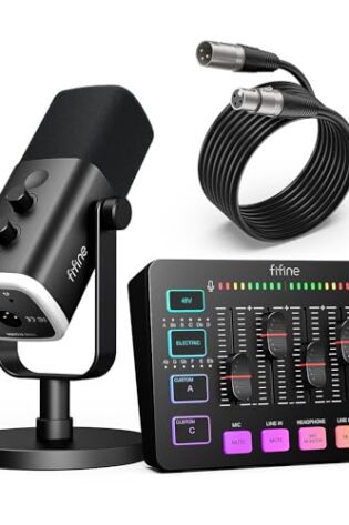 FIFINE Gaming Equipment Bundle, Dynamic XLR/USB Gaming Microphone Set with Streaming Audio Mixer for Podcast Recording Video Vocal, RGB Gamer Set with Volume Fader/XLR Interface for PC-AmpliGame KS5